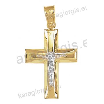 Βαπτιστικός σταυρός Κ14 για αγόρι δίχρωμος χρυσός με λουστρέ φινίρισμα με ένθετο λευκόχρυσο εσταυρωμένο