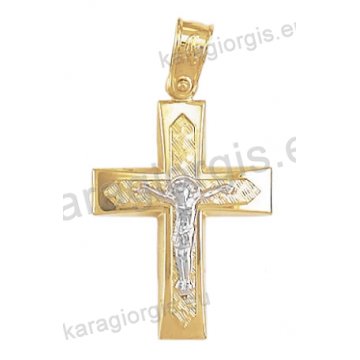 Βαπτιστικός σταυρός Κ14 για αγόρι δίχρωμος χρυσός με λουστρέ και σαγρέ φινίρισμα με ένθετο λευκόχρυσο εσταυρωμένο