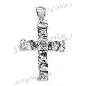 Βαπτιστικός σταυρός Κ14 για κορίτσι λευκόχρυσος συρμάτινος με λευκόχρυσο σύρμα δουλεμένο στο χέρι με άσπρες πέτρες ζιργκόν