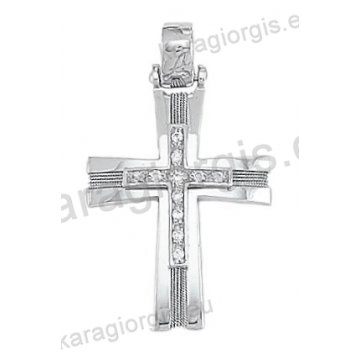 Βαπτιστικός σταυρός Κ14 για κορίτσι λευκόχρυσος συρμάτινος με λευκόχρυσο σύρμα δουλεμένο στο χέρι και ένθετο λευκόχρυσο σταυρό με άσπρες πέτρες ζιργκόν