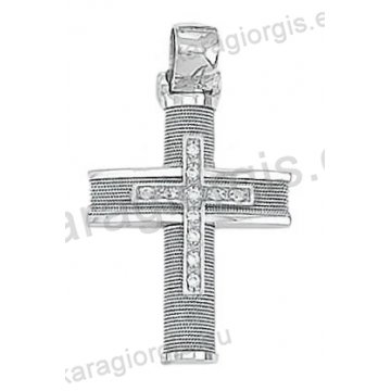 Βαπτιστικός σταυρός Κ14 για κορίτσι λευκόχρυσος συρμάτινος με λευκόχρυσο σύρμα δουλεμένο στο χέρι και ένθετο λευκόχρυσο σταυρό με άσπρες πέτρες ζιργκόν