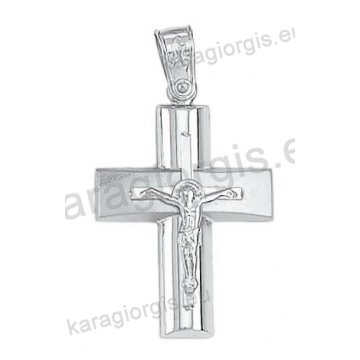 Βαπτιστικός σταυρός Κ14 για αγόρι λευκόχρυσος με λουστρέ και ματ φινίρισμα με ένθετο λευκόχρυσο εσταυρωμένο