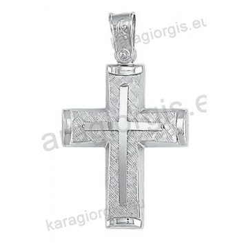 Βαπτιστικός σταυρός Κ14 για αγόρι λευκόχρυσος με λουστρέ και γραμμωτό σαγρέ φινίρισμα με ένθετο λευκόχρυσο σταυρό