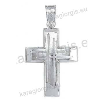 Βαπτιστικός σταυρός Κ14 για αγόρι λευκόχρυσος με λουστρέ φινίρισμα με ένθετο διπλό λευκόχρυσο σταυρό