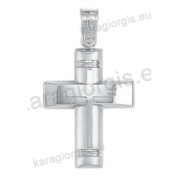 Βαπτιστικός σταυρός Κ14 για αγόρι λευκόχρυσος με λουστρέ και ματ φινίρισμα με ένθετο λευκόχρυσο σταυρό