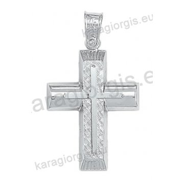 Βαπτιστικός σταυρός Κ14 για αγόρι λευκόχρυσος με λουστρέ και γραμμωτό σαγρέ φινίρισμα με ένθετο λευκόχρυσο σταυρό