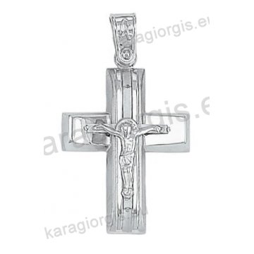 Βαπτιστικός σταυρός Κ14 για αγόρι λευκόχρυσος με λουστρέ φινίρισμα με ένθετο λευκόχρυσο εσταυρωμένο