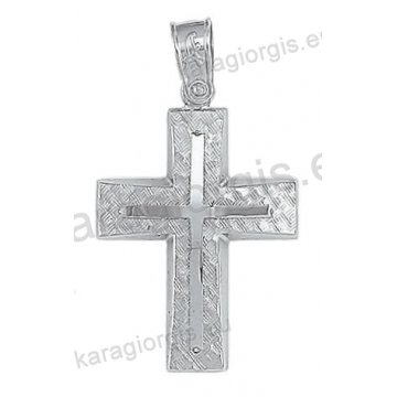 Βαπτιστικός σταυρός Κ14 για αγόρι λευκόχρυσος με γραμμωτό σαγρέ φινίρισμα με ένθετο λευκόχρυσο σταυρό