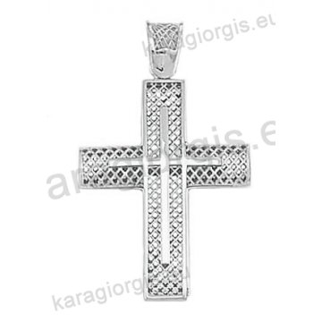 Βαπτιστικός σταυρός λευκόχρυσος για αγόρι Κ14 με χιαστή πλέξη με ένθετο λευκόχρυσο σταυρό