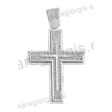 Βαπτιστικός σταυρός λευκόχρυσος για αγόρι Κ14 με χιαστή πλέξη με ένθετο λευκόχρυσο σταυρό