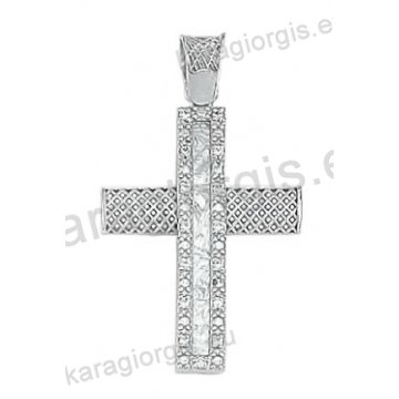 Βαπτιστικός σταυρός λευκόχρυσος για κορίτσι Κ14 με χιαστή πλέξη και σαγρέ φινίρισμα με άσπρες πέτρες ζιργκόν