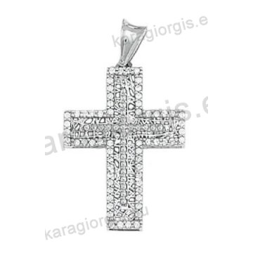 Βαπτιστικός σταυρός λευκόχρυσος για κορίτσι Κ14 με χιαστή πλέξη με άσπρες πέτρες ζιργκόν
