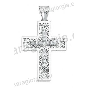 Βαπτιστικός σταυρός λευκόχρυσος για κορίτσι Κ14 με χιαστή πλέξη με άσπρες πέτρες ζιργκόν