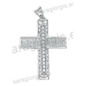 Βαπτιστικός σταυρός λευκόχρυσος για κορίτσι Κ14 με χιαστή πλέξη και σαγρέ φινίρισμα με άσπρες πέτρες ζιργκόν
