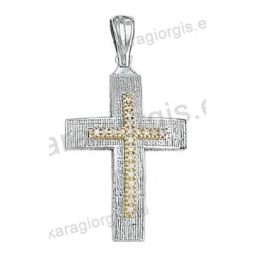 Βαπτιστικός σταυρός δίχρωμος για κορίτσι Κ14 λευκόχρυσος με σαγρέ φινίρισμα με ένθετο χρυσό σταυρό με άσπρες πέτρες ζιργκόν
