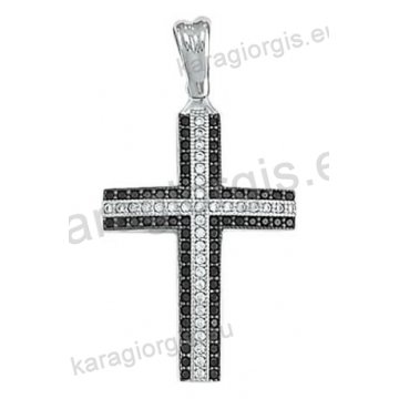 Βαπτιστικός σταυρός λευκόχρυσος για κορίτσι Κ14 με άσπρες και μαύρες πέτρες ζιργκόν