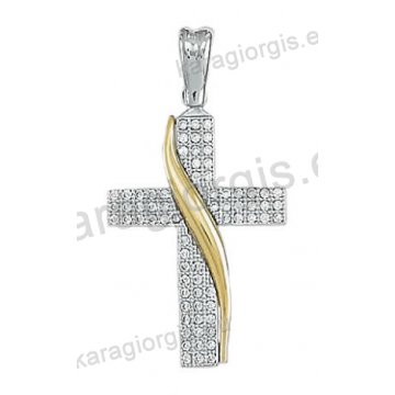 Βαπτιστικός σταυρός δίχρωμος για κορίτσι Κ14 λευκόχρυσος με χρυσό με άσπρες πέτρες ζιργκόν