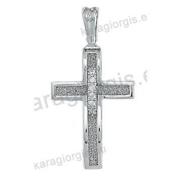 Βαπτιστικός σταυρός λευκόχρυσος για κορίτσι Κ14 με σαγρέ φινίρισμα με άσπρες πέτρες ζιργκόν