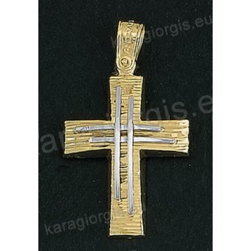 Βαπτιστικός σταυρός Κ14 για αγόρι δίχρωμος χρυσός με γραμμωτό διαμαντέ φινίρισμα και ένθετο λευκόχρυσο διπλό σταυρό της σειράς Anorado