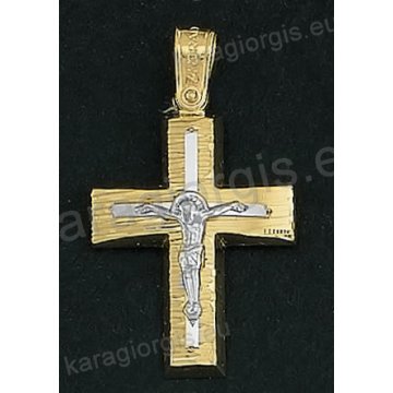 Βαπτιστικός σταυρός Κ14 για αγόρι δίχρωμος χρυσός με γραμμωτό διαμαντέ φινίρισμα με λευκόχρυσο εσταυρωμένο της σειράς Anorado