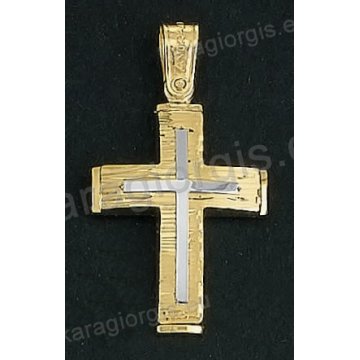 Βαπτιστικός σταυρός Κ18 για αγόρι δίχρωμος χρυσός με γραμμωτό διαμαντέ φινίρισμα και ένθετο λευκόχρυσο σταυρό της σειράς Anorado