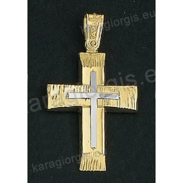 Βαπτιστικός σταυρός Κ18 για αγόρι δίχρωμος χρυσός με λουστρέ και γραμμωτό διαμαντέ φινίρισμα και ένθετο λευκόχρυσο σταυρό της σειράς Anorado