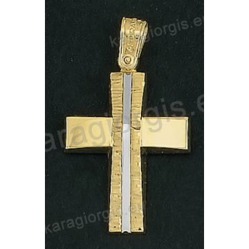 Βαπτιστικός σταυρός Κ18 για αγόρι δίχρωμος χρυσός με λουστρέ και γραμμωτό διαμαντέ φινίρισμα και ένθετη λευκόχρυση κάθετη γραμμή της σειράς Anorado