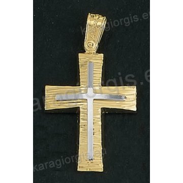 Βαπτιστικός σταυρός Κ14 για αγόρι δίχρωμος χρυσός με γραμμωτό διαμαντέ φινίρισμα και ένθετο λευκόχρυσο σταυρό της σειράς Anorado