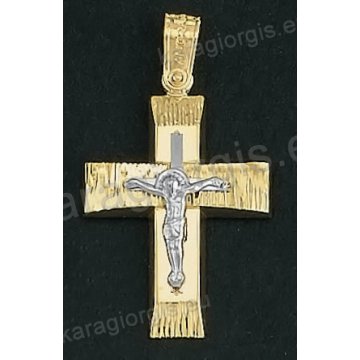 Βαπτιστικός σταυρός Κ18 για αγόρι δίχρωμος χρυσός με λουστρέ και γραμμωτό διαμαντέ φινίρισμα με λευκόχρυσο εσταυρωμένο της σειράς Anorado