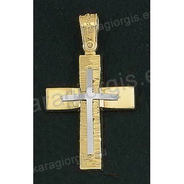 Βαπτιστικός σταυρός Κ14 για αγόρι δίχρωμος χρυσός με λουστρέ και γραμμωτό διαμαντέ φινίρισμα και ένθετο λευκόχρυσο σταυρό της σειράς Anorado
