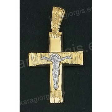 Βαπτιστικός σταυρός Κ18 για αγόρι δίχρωμος χρυσός με λουστρέ και γραμμωτό διαμαντέ φινίρισμα με λευκόχρυσο εσταυρωμένο της σειράς Anorado