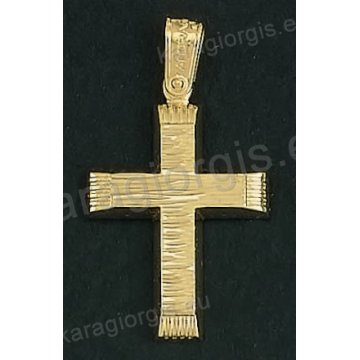Βαπτιστικός σταυρός Κ14 για αγόρι δίχρωμος χρυσός με γραμμωτό διαμαντέ φινίρισμα της σειράς Anorado