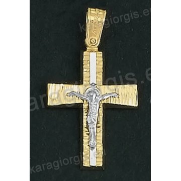 Βαπτιστικός σταυρός Κ14 για αγόρι δίχρωμος χρυσός με γραμμωτό διαμαντέ φινίρισμα με λευκόχρυσο εσταυρωμένο της σειράς Anorado