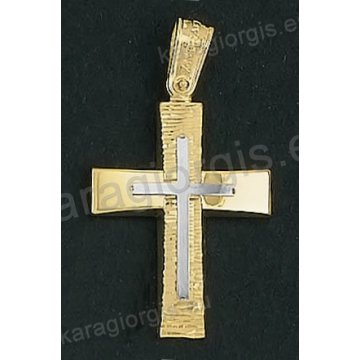 Βαπτιστικός σταυρός Κ18 για αγόρι δίχρωμος χρυσός με λουστρέ και γραμμωτό διαμαντέ φινίρισμα και ένθετο λευκόχρυσο σταυρό της σειράς Anorado