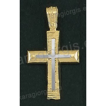 Βαπτιστικός σταυρός Κ14 για αγόρι δίχρωμος χρυσός με λουστρέ και γραμμωτό διαμαντέ φινίρισμα και ένθετο λευκόχρυσο σταυρό της σειράς Anorado