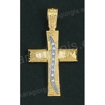Βαπτιστικός σταυρός Κ14 για κορίτσι δίχρωμος χρυσός με λουστρέ και γραμμωτό διαμαντέ φινίρισμα και ένθετη λευκόχρυση κάθετη γραμμή με άσπρες πέτρες ζιργκόν της σειράς Anorado