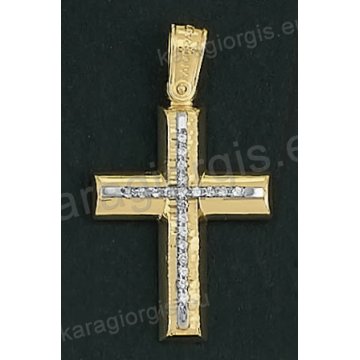 Βαπτιστικός σταυρός Κ18 για κορίτσι δίχρωμος χρυσός Με δώρο την αλυσίδα με λουστρέ και γραμμωτό διαμαντέ φινίρισμα και ένθετο λευκόχρυσο σταυρό με άσπρες πέτρες ζιργκόν της σειράς Anorado