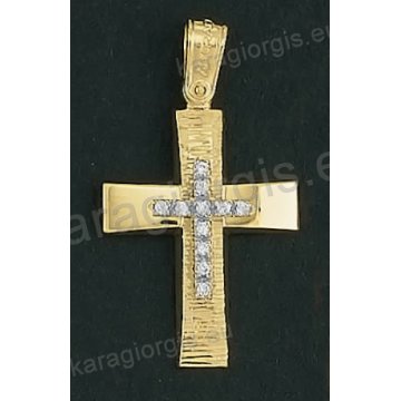 Βαπτιστικός σταυρός Κ18 για κορίτσι δίχρωμος χρυσός με λουστρέ και γραμμωτό διαμαντέ φινίρισμα και ένθετο λευκόχρυσο σταυρό με άσπρες πέτρες ζιργκόν της σειράς Anorado