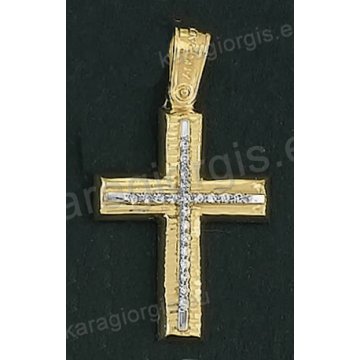 Βαπτιστικός σταυρός Κ14 για κορίτσι δίχρωμος χρυσός με γραμμωτό διαμαντέ φινίρισμα και ένθετο λευκόχρυσο σταυρό με άσπρες πέτρες ζιργκόν της σειράς Anorado