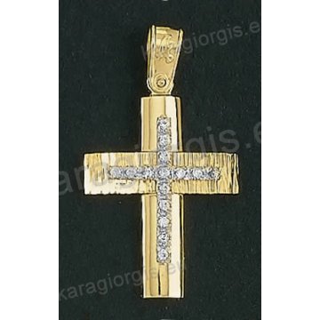 Βαπτιστικός σταυρός Κ18 για κορίτσι δίχρωμος χρυσός με λουστρέ και γραμμωτό διαμαντέ φινίρισμα και ένθετο λευκόχρυσο σταυρό με άσπρες πέτρες ζιργκόν της σειράς Anorado