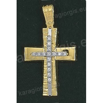 Βαπτιστικός σταυρός Κ14 για κορίτσι δίχρωμος χρυσός με λουστρέ και γραμμωτό διαμαντέ φινίρισμα και ένθετο λευκόχρυσο σταυρό με άσπρες πέτρες ζιργκόν της σειράς Anorado