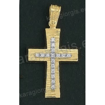 Βαπτιστικός σταυρός Κ18 για κορίτσι δίχρωμος χρυσός με γραμμωτό διαμαντέ φινίρισμα και ένθετο λευκόχρυσο σταυρό με άσπρες πέτρες ζιργκόν της σειράς Anorado