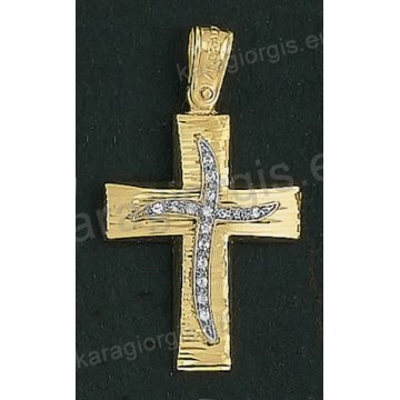 Βαπτιστικός σταυρός Κ18 για κορίτσι δίχρωμος χρυσός με γραμμωτό διαμαντέ φινίρισμα και ένθετο λευκόχρυσο σταυρό με άσπρες πέτρες ζιργκόν της σειράς Anorado