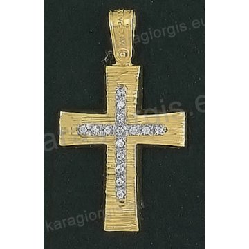 Βαπτιστικός σταυρός Κ14 για κορίτσι δίχρωμος χρυσός με γραμμωτό διαμαντέ φινίρισμα και ένθετο λευκόχρυσο σταυρό με άσπρες πέτρες ζιργκόν της σειράς Anorado