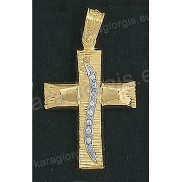 Βαπτιστικός σταυρός Κ18 για κορίτσι δίχρωμος χρυσός με λουστρέ και γραμμωτό διαμαντέ φινίρισμα και ένθετη λευκόχρυση κάθετη γραμμή με άσπρες πέτρες ζιργκόν της σειράς Anorado