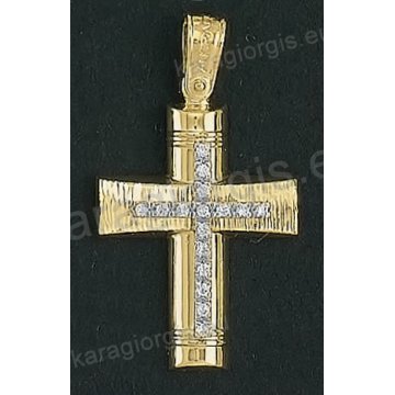 Βαπτιστικός σταυρός Κ14 για κορίτσι δίχρωμος χρυσός με λουστρέ και γραμμωτό διαμαντέ φινίρισμα και ένθετο λευκόχρυσο σταυρό με άσπρες πέτρες ζιργκόν της σειράς Anorado