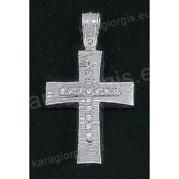 Βαπτιστικός σταυρός Κ14 για κορίτσι λευκόχρυσος με γραμμωτό διαμαντέ φινίρισμα και ένθετο λευκόχρυσο σταυρό με άσπρες πέτρες ζιργκόν της σειράς Anorado