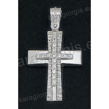 Βαπτιστικός σταυρός Κ18 για κορίτσι λευκόχρυσος με λουστρέ και γραμμωτό διαμαντέ φινίρισμα και ένθετο λευκόχρυσο σταυρό με άσπρες πέτρες ζιργκόν της σειράς Anorado