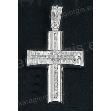 Βαπτιστικός σταυρός Κ14 για κορίτσι λευκόχρυσος με λουστρέ και γραμμωτό διαμαντέ φινίρισμα και ένθετο λευκόχρυσο σταυρό με άσπρες πέτρες ζιργκόν της σειράς Anorado