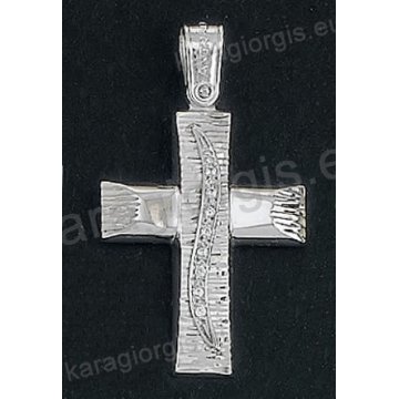 Βαπτιστικός σταυρός Κ14 για κορίτσι λευκόχρυσος με λουστρέ και γραμμωτό διαμαντέ φινίρισμα και ένθετη λευκόχρυση κάθετη γραμμή με άσπρες πέτρες ζιργκόν της σειράς Anorado
